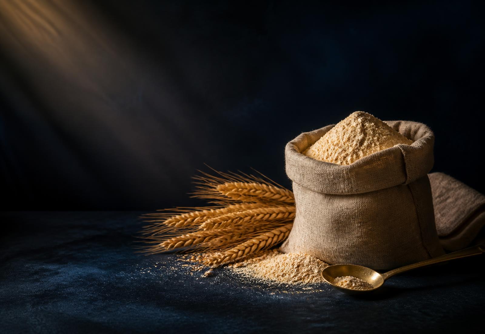 Sack of freshly stone-ground wheat flour with wheat stalks on a dark surface